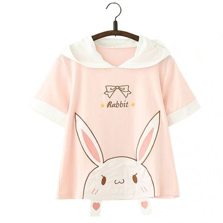 Rabbit pattern T-shirt with ear hood