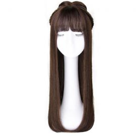Cosplay long dark brown plaited wig with bangs