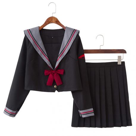 Red black school uniform with red bow