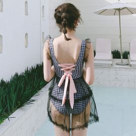 Plaid lolita swimsuit with bow