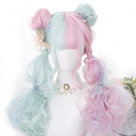 Cosplay long pink-turquoise wig with tails