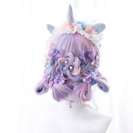 Cosplay long pink-light blue curly wig