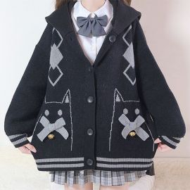 Cat patterned cardigan with cat ear hood